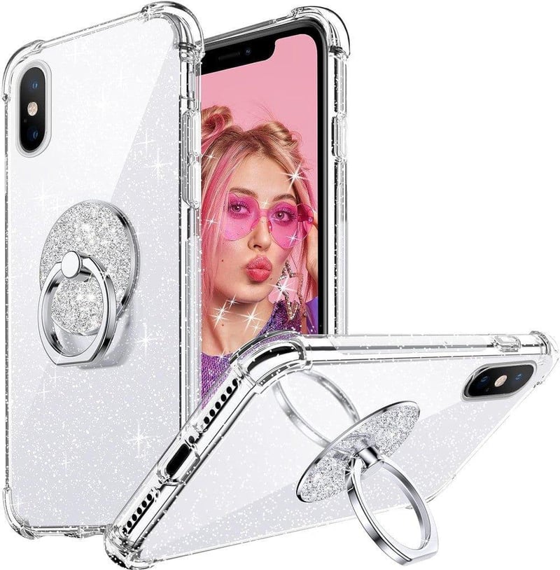 Apple iPhone XS Max Csillogó Glitteres Ütésálló Tok Gyűrűvel - Átlátszó