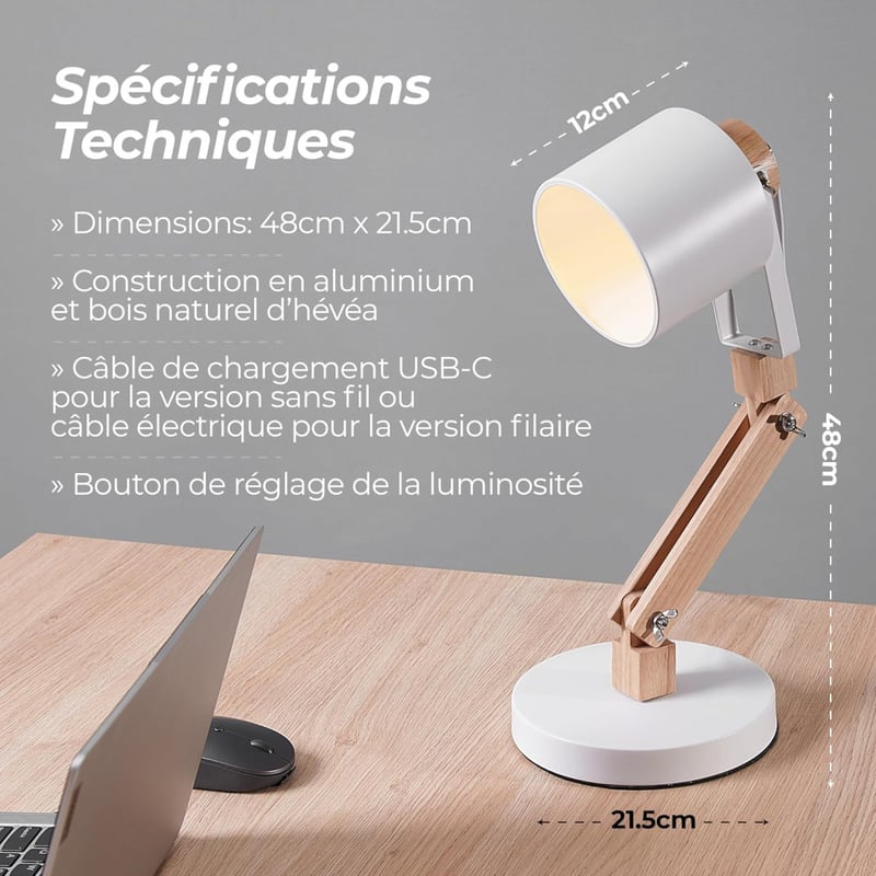 Feelsolar Asztali Lámpa - Japandi Stílusú LED Éjjeli Lámpa USB Porttal, 3 Fokozatú Fényerőszabályzás, Állítható Kar, E27 LED Izzóval, +95% C