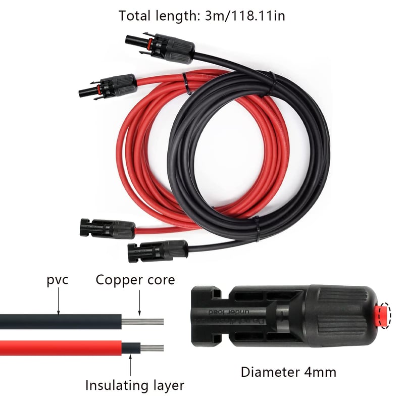 YYWEi Napelem Hosszabbító Kábel 4 mm² 3m - IP67 Vízálló Csatlakozó, 1800V 50A, Fekete-Piros Páros, Napelemhez és Töltésvezérlőhöz