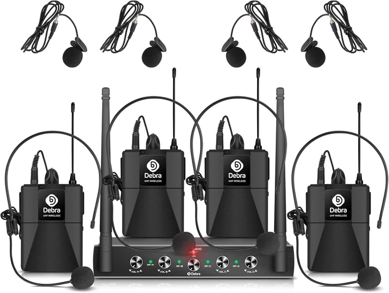 D Debra AU400 Pro UHF 4-Csatornás Vezeték Nélküli Mikrofonrendszer Csíptetős és Fejpántos Mikrofonokkal, Fém Vevőegységgel - Karaoke, Rendez