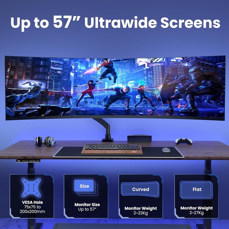 PUTORSEN Monitortartó Kar 22-57" Képernyőkhöz - Magasságállítható Asztali Monitorrögzítő 27kg-ig, VESA 200x200mm, Ultraszéles Monitorokhoz, 