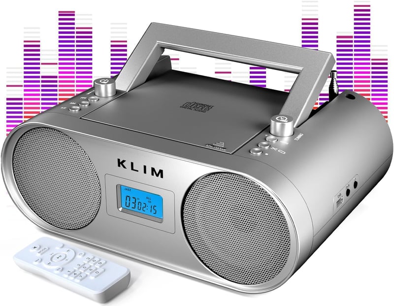 KLIM Boombox B4 Hordozható CD Lejátszó AM/FM Rádióval, Bluetooth, USB, MP3 Funkcióval, Újratölthető Akkumulátorral, Távirányítóval és Digitá