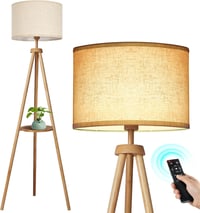 OUTON LED Állólámpa Fa Tripod Állvánnyal és Polccal - Távirányítós, 4 Színhőmérsékletű, Időzíthető, Bézs Lámpaernyős Világítás Nappaliba, Há 1