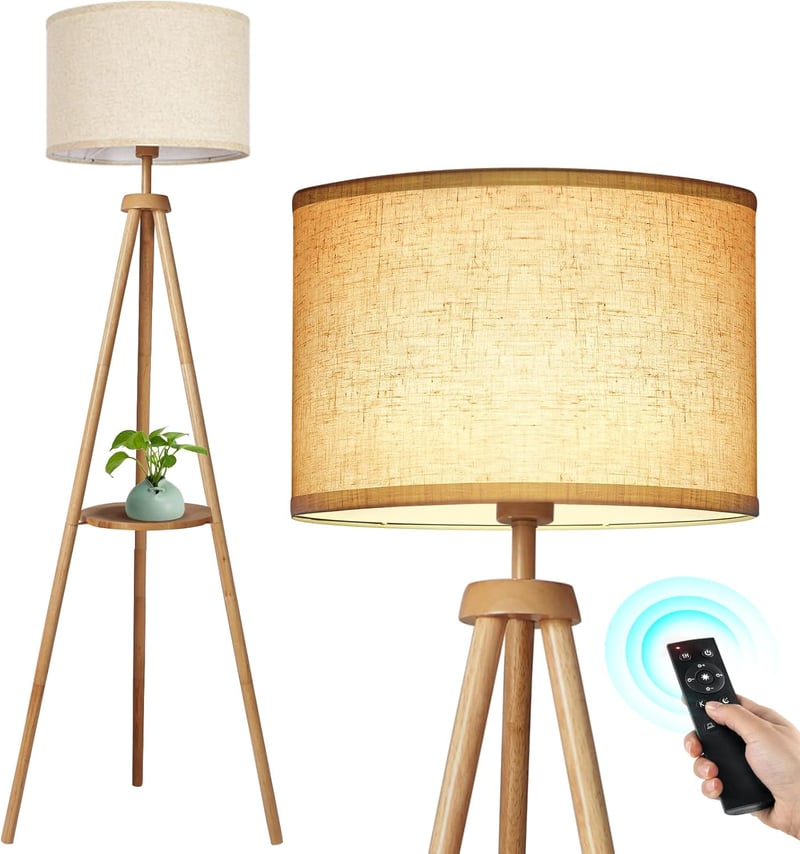 OUTON LED Állólámpa Fa Tripod Állvánnyal és Polccal - Távirányítós, 4 Színhőmérsékletű, Időzíthető, Bézs Lámpaernyős Világítás Nappaliba, Há