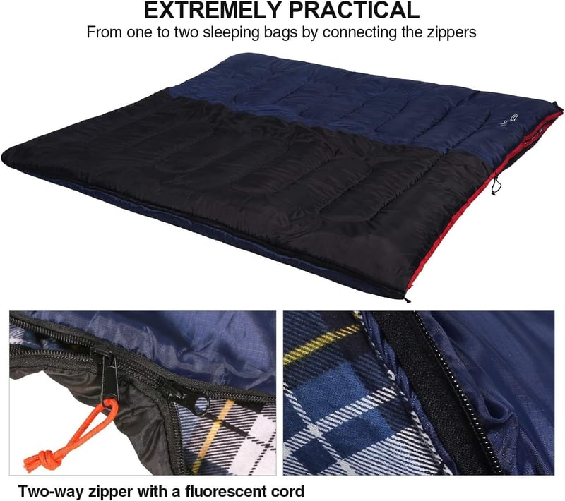 REDCAMP XL Pamut Hálózsák Levehető Kapucnival - Kényelmes Flanell Takaró 3-4 Évszakos Használatra, Felnőtteknek és Gyerekeknek, Kempingezésh - Blue with 2 lbs filling