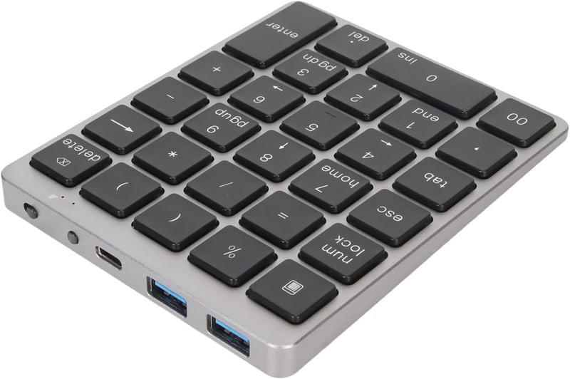 Yunseity Bluetooth és USB-s numerikus billentyűzet, 28 gombos, iOS/Android/Windows, szürke-fekete