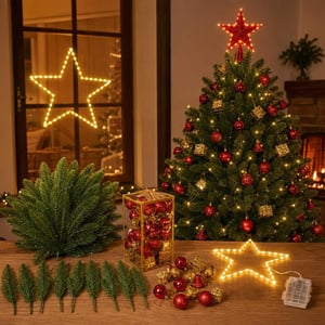 Vianočný set Hviezda: 50x vetvička + 32x mini gule + LED reťaz + červená LED špica