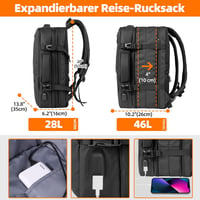 KINGSLONG 40L Kézipoggyász Hátizsák 19" Laptophoz - Bővíthető Vízlepergető Utazótáska USB Töltőporttal és 20L Vákuumtasakkal - Black - 46l - Pump Not Included 2