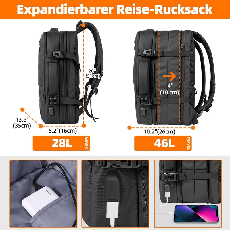 KINGSLONG 40L Kézipoggyász Hátizsák 19" Laptophoz - Bővíthető Vízlepergető Utazótáska USB Töltőporttal és 20L Vákuumtasakkal - Black - 46l - Pump Not Included