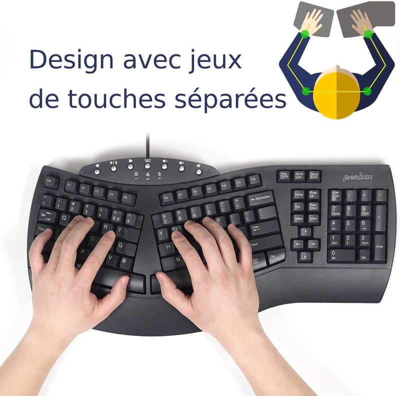 Perixx PERIBOARD-512 Nagy Méretű Ergonomikus Vezetékes USB Billentyűzet Windows Rendszerhez - Fekete, AZERTY, 7 Multimédia Gombbal