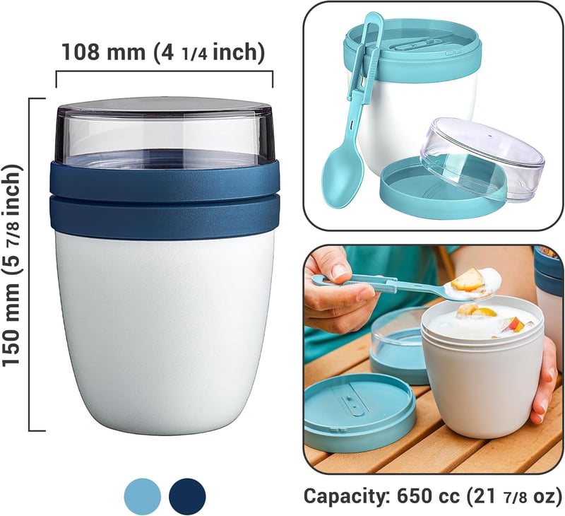 Crystalia Overnight Oats Tároló Szett - 2 db Kék Müzlis Pohár Kanállal, BPA-mentes, Légmentes, Hordozható Joghurt és Chia Puding Tárolóedény