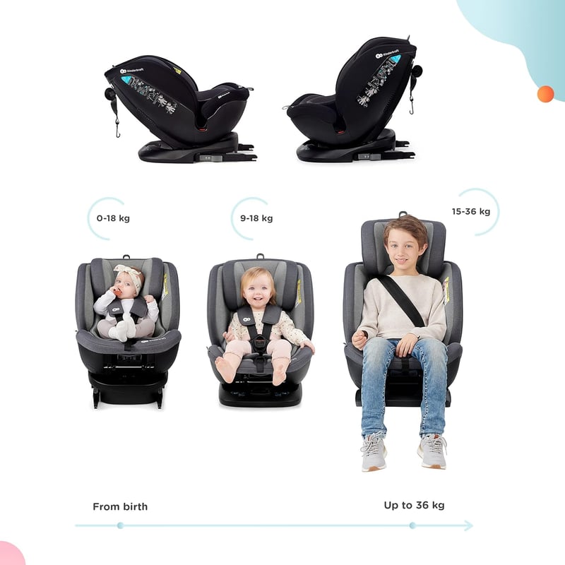 Kinderkraft Xpedition 360° Forgatható Gyerekülés, Isofix Rögzítéssel, 0-36 kg, 7 Pozíciós Dönthetőség, 5-Pontos Biztonsági Öv, Fekete