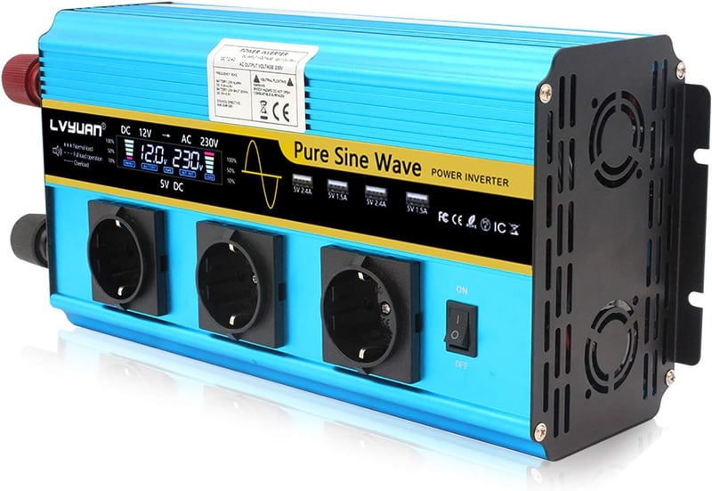 Tiszta szinuszos 3000W/6000W inverter, 12V-230V, 3 EU aljzat, 4 USB, LCD