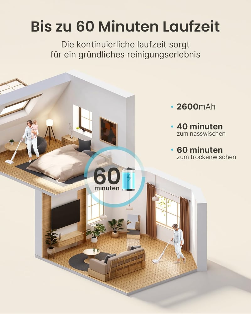iDOO Vezeték Nélküli Elektromos Padlótisztító - Forgó Mikroszálas Hengerekkel, Öntisztító Funkcióval, LED Kijelzővel