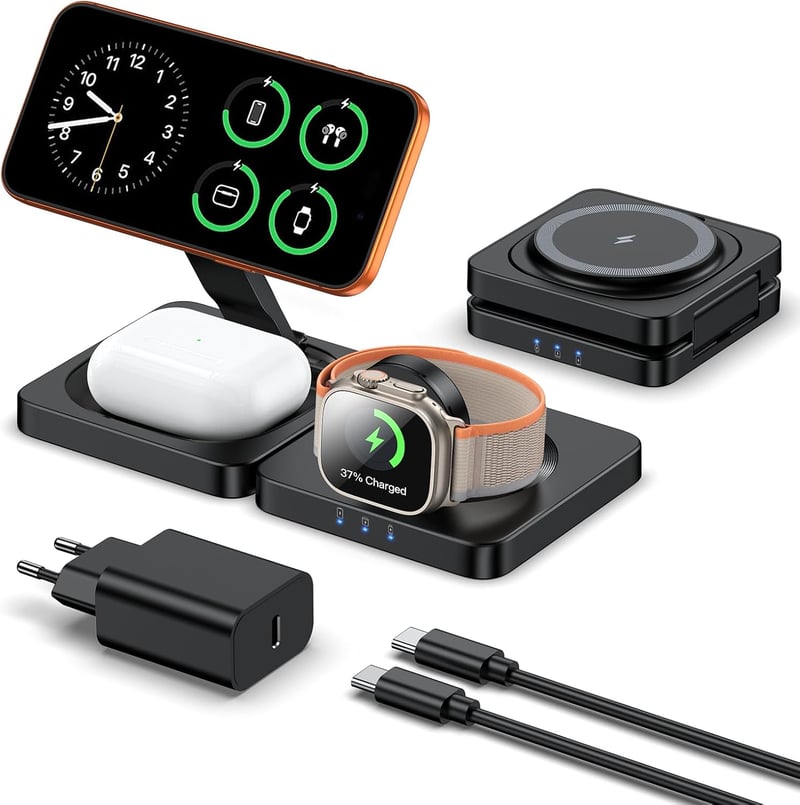 Stație de încărcare wireless inductivă 3 în 1 ADADPU, compatibilă MagSafe, pliabilă, 20 W, pentru iPhone 17-12, Apple Watch 11-2