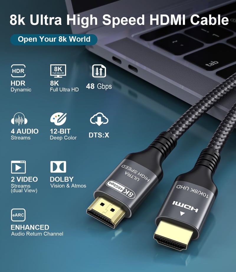Adauxter HDMI 2.1 Kábel 3M - 48Gbps Ultra Gyors, Fonott, 8K/60Hz, 4K/240Hz, eARC, HDR10+, Kompatibilis PS5, Xbox, TV, Monitor, Laptop