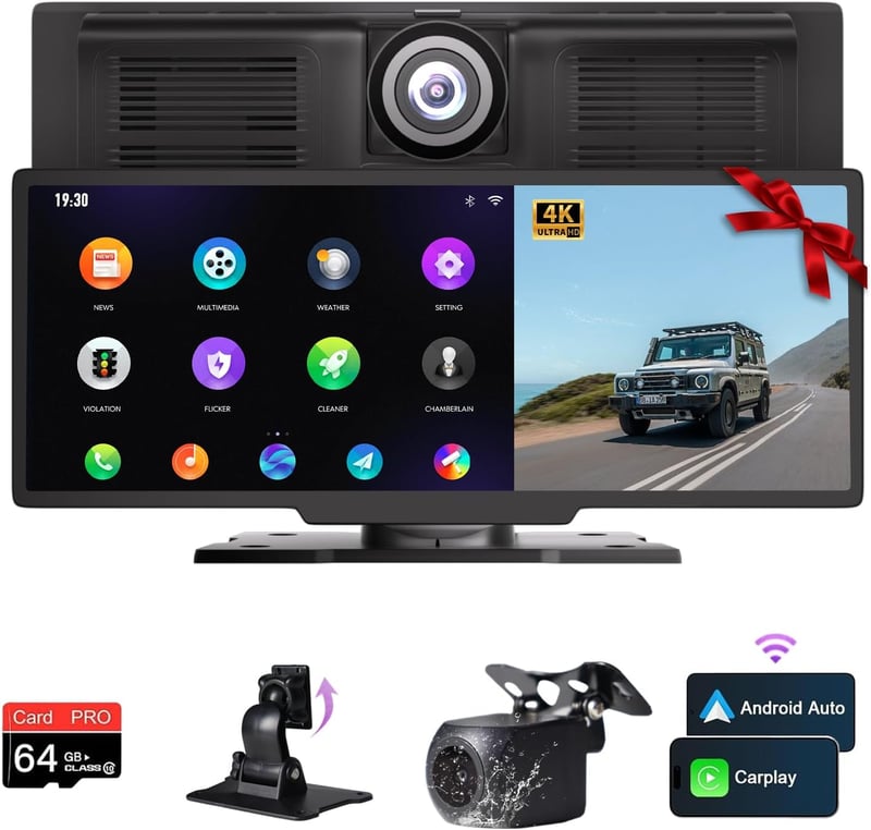 NUOTIAN 10,26" Vezeték Nélküli CarPlay Autós Kijelző, Bluetooth 5.3, 4K Menetrögzítő + 1080P Tolatókamera, GPS Navigáció, 64GB TF, FM