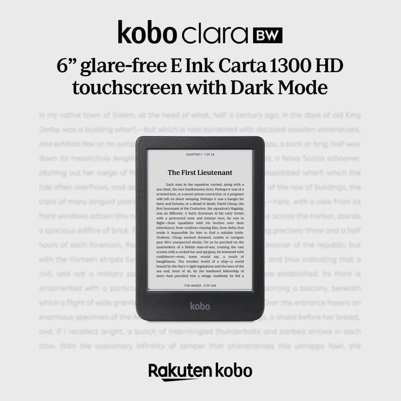 Kobo Clara BW E-olvasó 15,2 cm Tükröződésmentes Érintőkijelzővel, ComfortLight PRO, Sötét Mód, Hangoskönyv, Vízálló, 16GB, Fekete