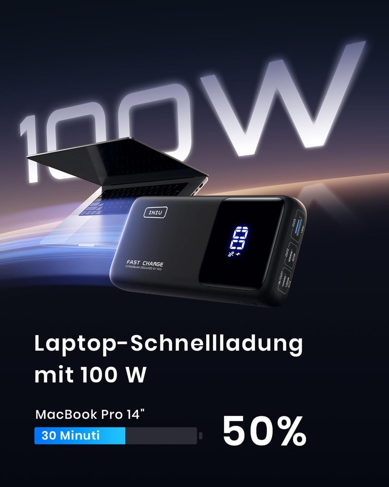 INIU 25000 mAh Power Bank 100W USB-C Laptop Töltő - Hordozható Külső Akkumulátor MacBook, Surface, iPad, iPhone Készülékekhez