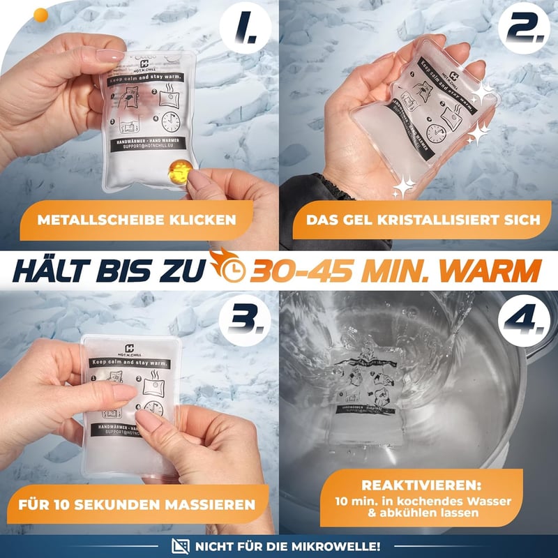HOT.N.CHILL Újrahasználható Kézmelegítő - 10 Másodperc Alatt Felmelegszik - Hajlítható Zsebmelegítő Párban - Fekete-Fehér Hőpárna Gyerekekne