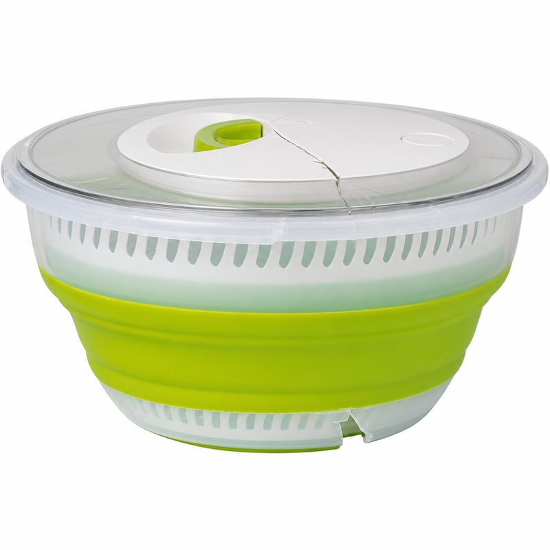 Emsa Basic sklopiva centrifuga za salatu 4 litre — neispravna, djelomično radi: napuknut poklopac, slomljen donji rub (stanje: vidi 2. sliku)