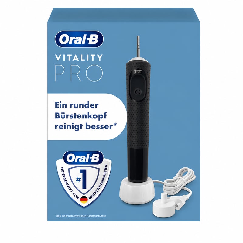 Elektrická zubná kefka Oral-B Vitality Pro s 3 režimami čistenia, čierna – použitá, bez hlavice, s nabíjacou stanicou (stav: pozri 2. obrázok)