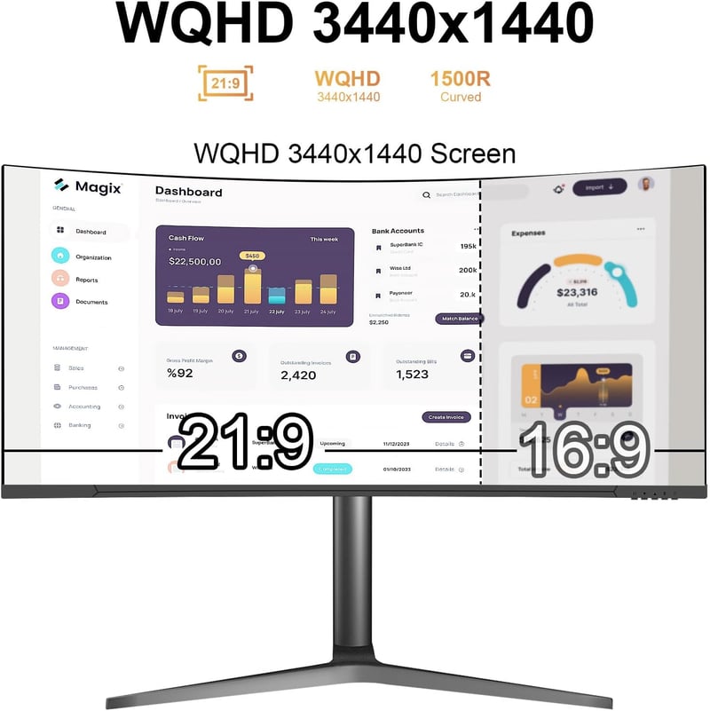 Prechen 34" Ívelt WQHD Gamer Monitor, 165Hz, 1500R, 3440×1440, HDR10, FreeSync/G-Sync, DisplayPort+HDMI, Állítható Magasság, Fekete