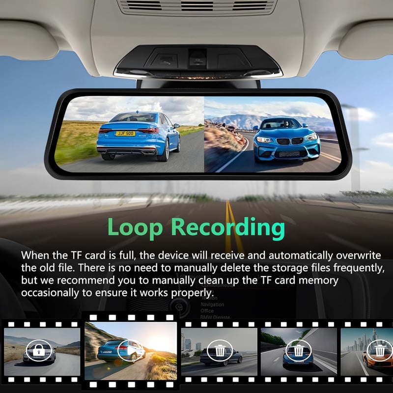 Podofo 9.66" Tükör Menetrögzítő Kamera - Vezeték Nélküli Apple CarPlay, Android Auto, Dupla 1080P HD Kamera, IPS Érintőképernyő, Bluetooth, 