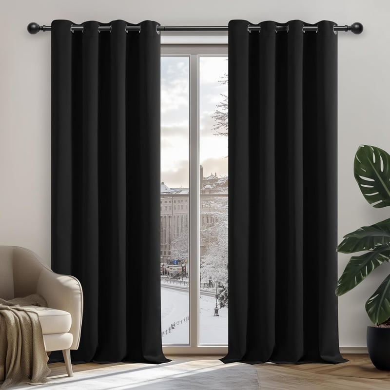 Deconovo Sötétítő Függöny - Hőszigetelő, Hangszigetelő Fekete Fényáteresztést Gátló Függönypár 117x229 cm - Poliészter Gyűrűs Függöny