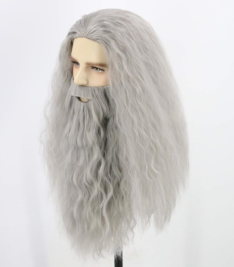 Topcosplay Varázsló Paróka és Szakáll Szett - Szürke/Fehér Hőálló Műhaj Gandalf Jelmez Farsangra, Halloweenre - Állítható Méret 54-60 cm