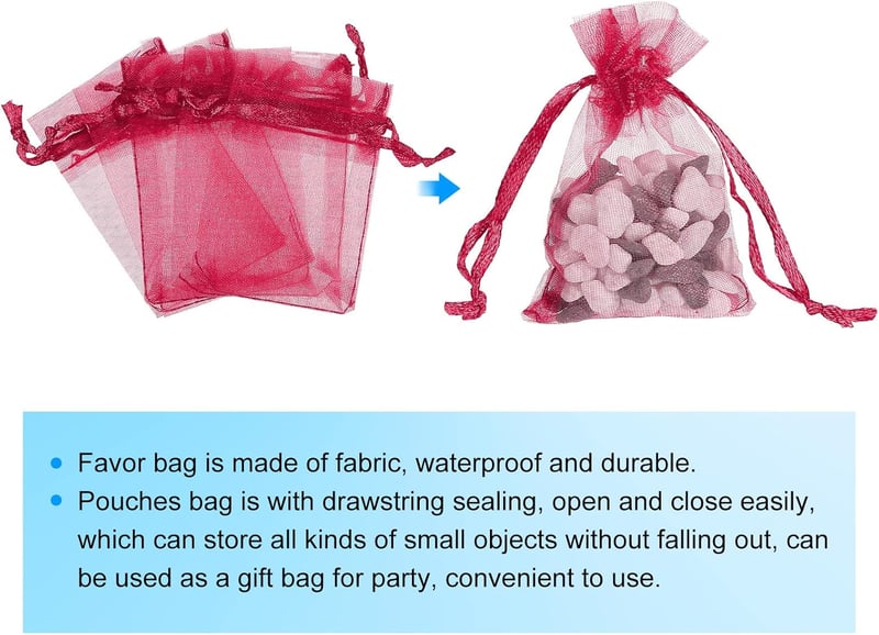 Sourcing Map 50db Bordó Organza Ajándékzsák 5x7cm - Esküvői, Karácsonyi Ékszertasak