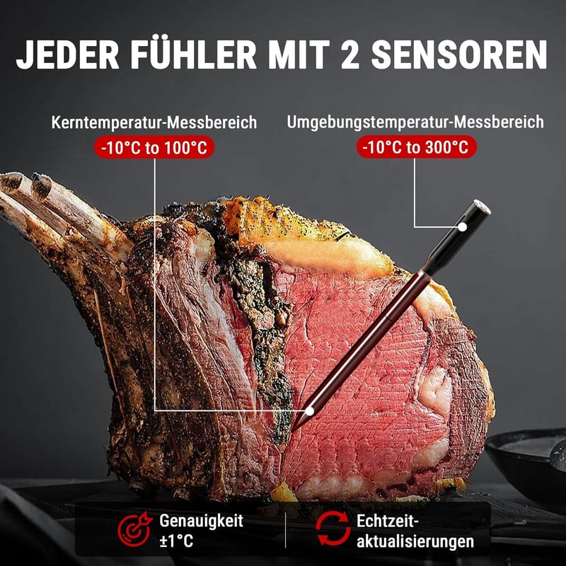 ThermoPro Twin TempSpike Vezeték Nélküli Húshőmérő - 150m Bluetooth Hatótáv, Kettős Szenzor, Töltőállomás Kijelzővel, Mosogatógépben Mosható