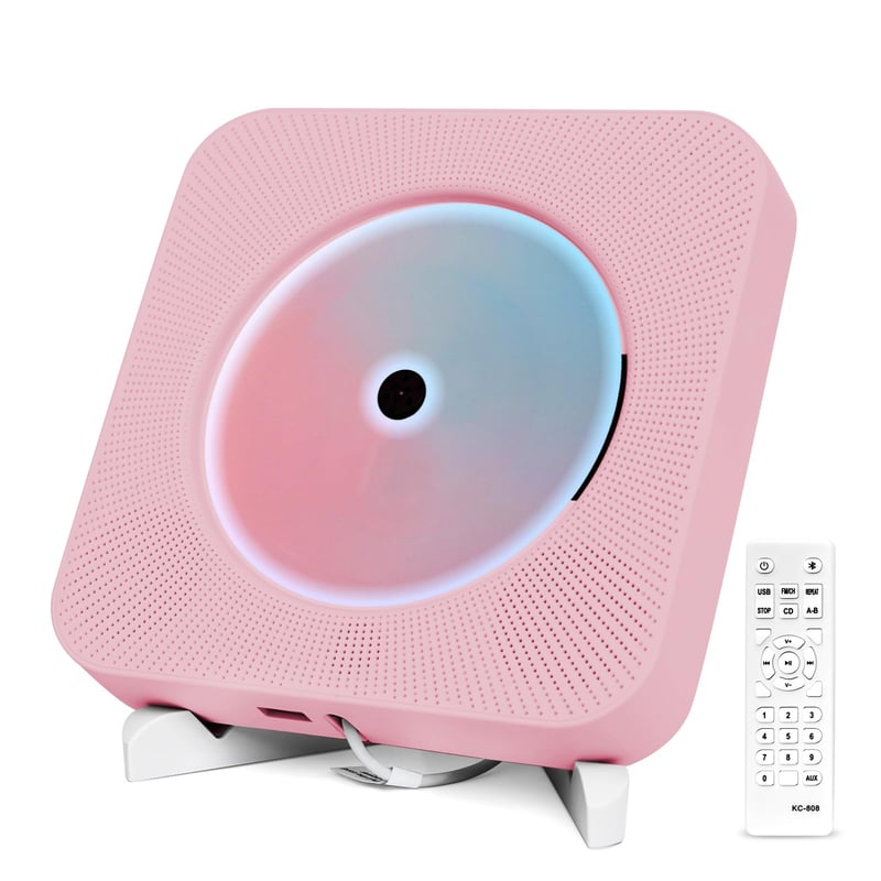 Prenosný CD prehrávač Adirigo s Bluetooth, nástenným a stolovým držiakom, HiFi reproduktormi, podporou AUX/USB, ružový