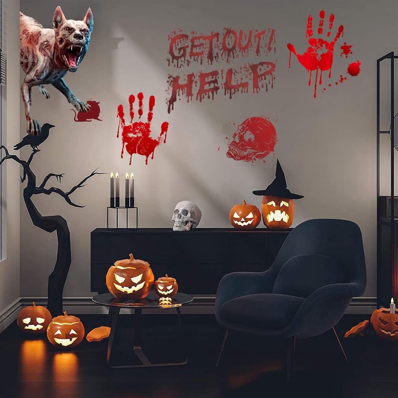 Adisno Halloween Véres Matrica Szett - 8 db Kétoldalas Ablakdekoráció, Véres Kéznyomok, Lábnyomok, Újrahasználható PVC Halloweeni Dekoráció,