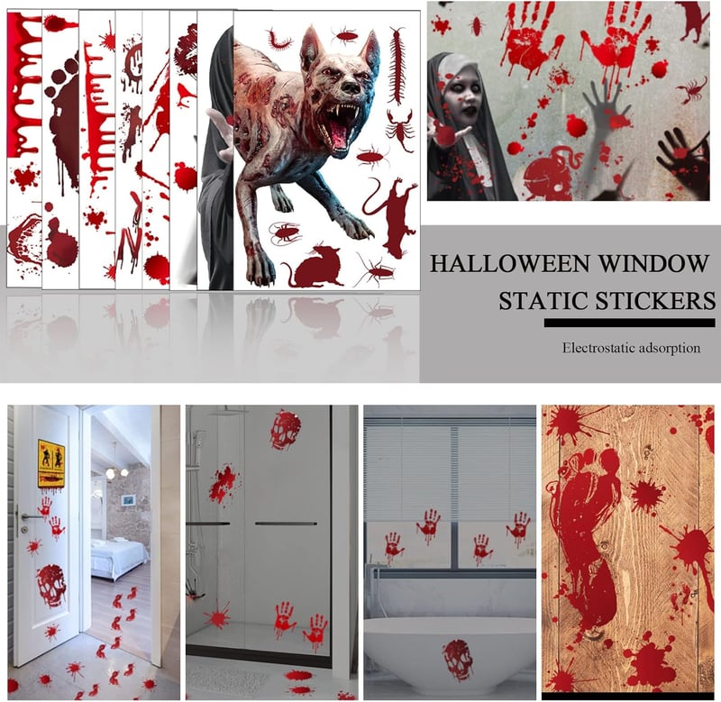 Adisno Halloween Véres Matrica Szett - 8 db Kétoldalas Ablakdekoráció, Véres Kéznyomok, Lábnyomok, Újrahasználható PVC Halloweeni Dekoráció,