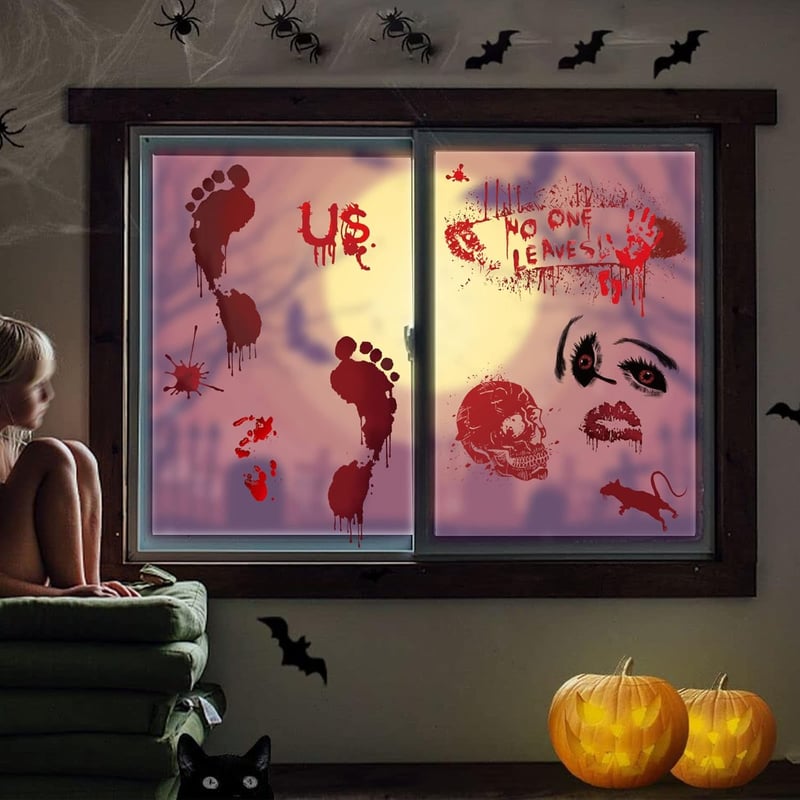 Adisno Halloween Véres Matrica Szett - 8 db Kétoldalas Ablakdekoráció, Véres Kéznyomok, Lábnyomok, Újrahasználható PVC Halloweeni Dekoráció,