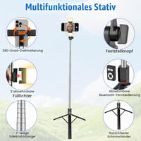 Trepied Selfie Stick Adiwo 170 cm, Suport Telefon Extensibil 3 în 1 cu 2 Lumini de Umplere, Telecomandă Bluetooth, Compatibil Android și iOS, Negru 5