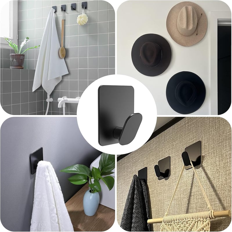 Adurei 6 db öntapadós rozsdamentes acél törölközőtartó horog szett fekete - 6 pcs, Black & Square