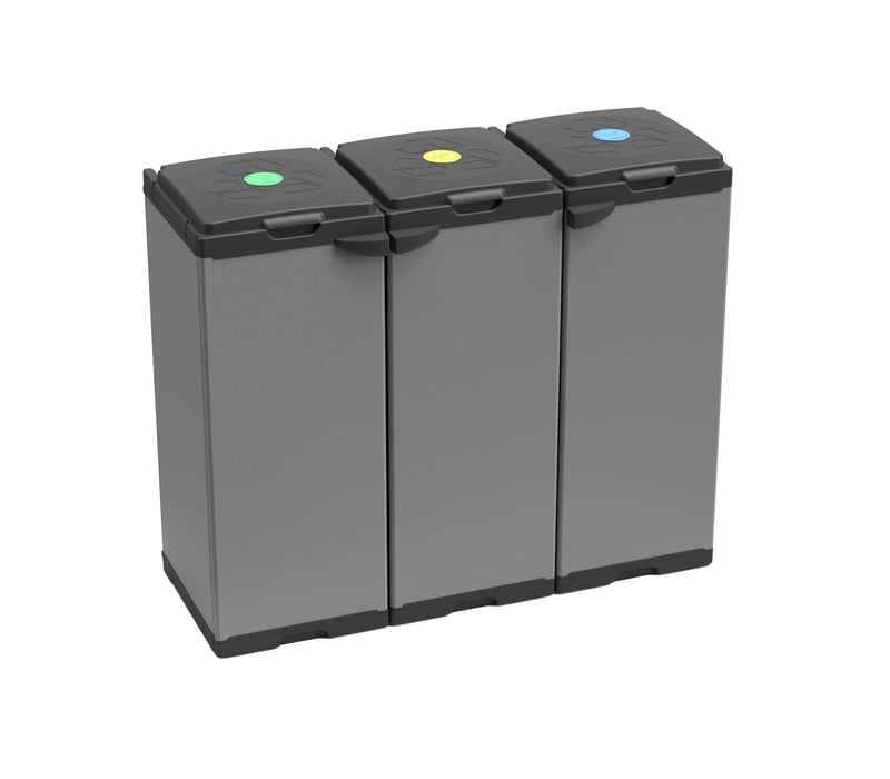 Modulárna skriňa na separovaný odpad Adventa Tris, 3 priehradky, pre vrecia s objemom 80 – 110 l, do interiéru aj exteriéru, 102x38x87 cm, sivá