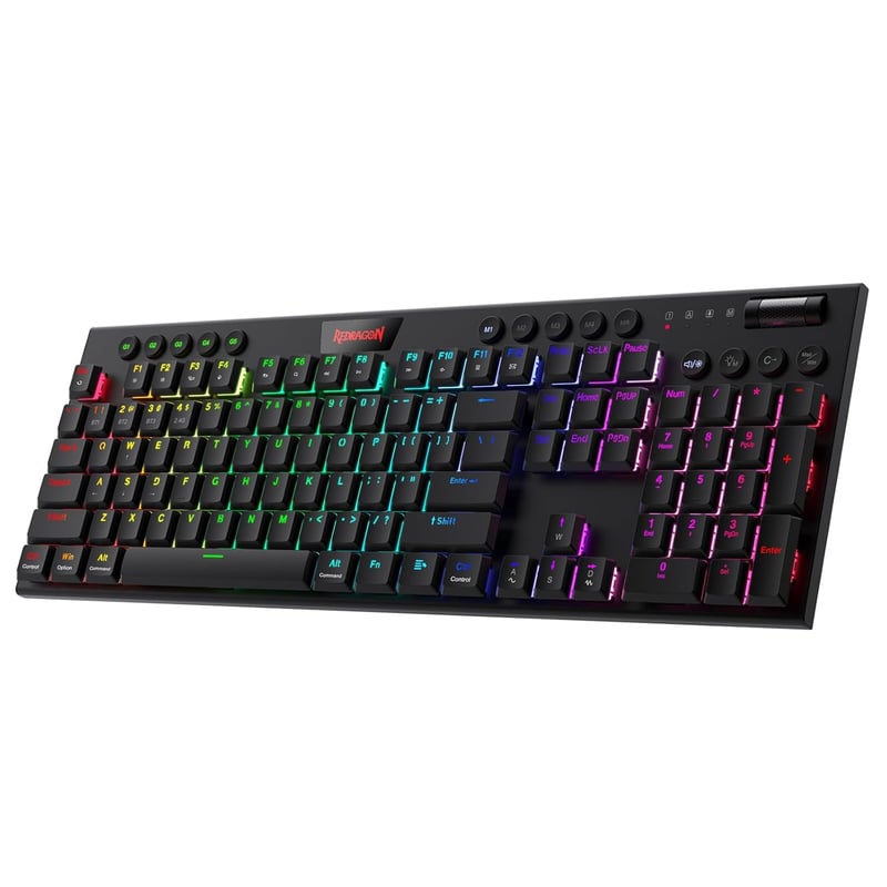 Redragon K618 Horus RGB Mechanikus Gamer Billentyűzet, Háromféle Csatlakozás, Lapos Billentyűk, Lineáris Red Switch, Dedikált Médiavezérlés