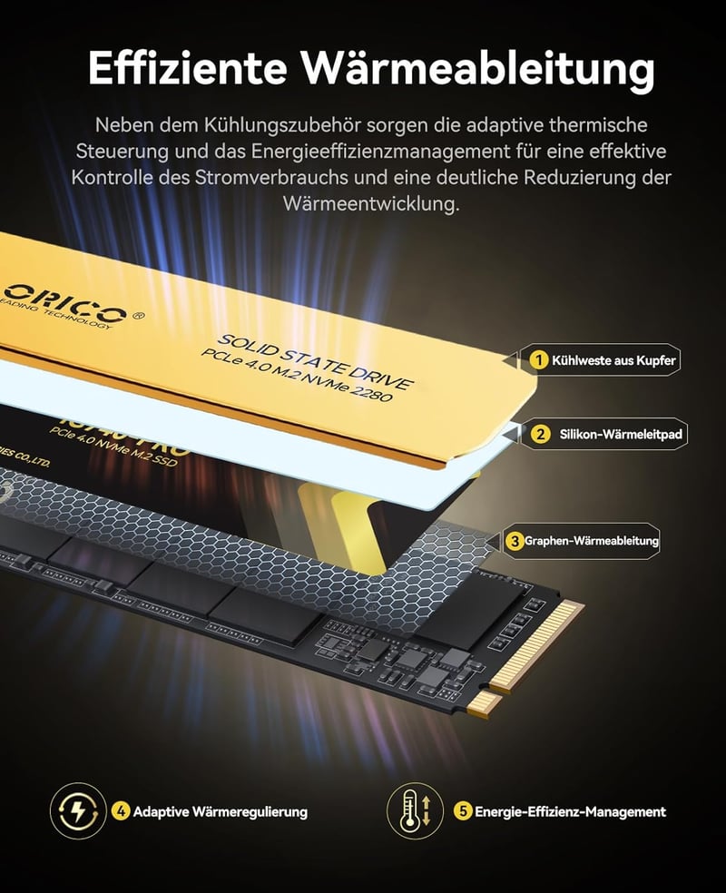 ORICO IG740PRO 2TB M.2 NVMe SSD PCIe 4.0 - 7450 MB/s Sebesség, TLC 3D NAND, Hűtőbordával - Ipari és Otthoni Használatra, Laptop, PC, PS5 Kom