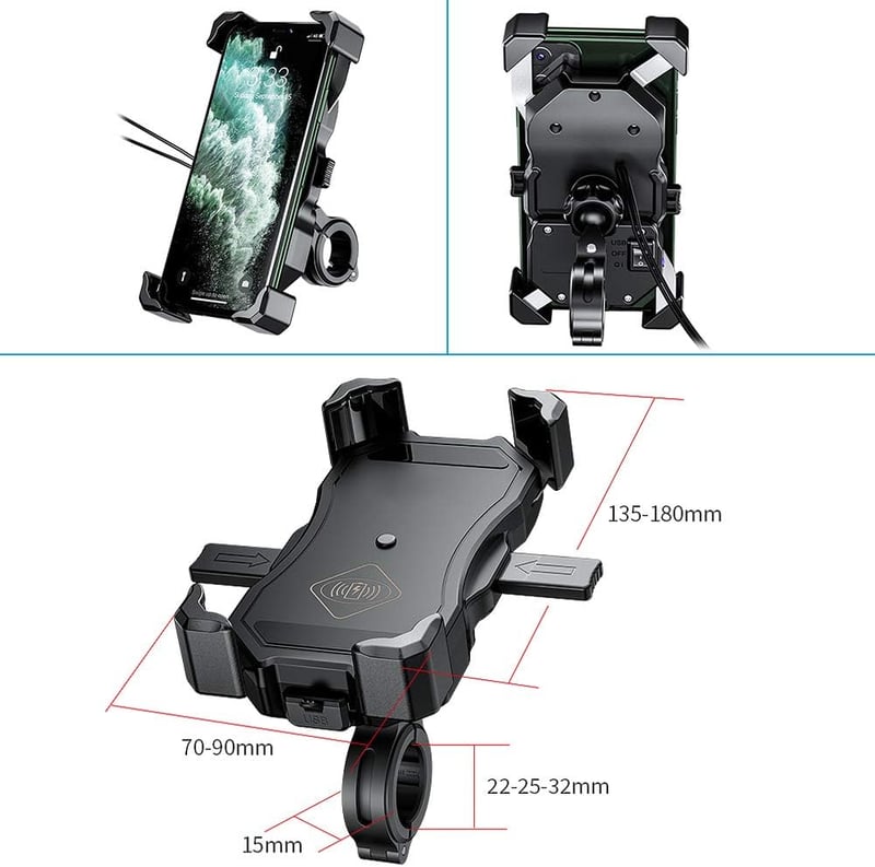 iMESTOU 15W Qi vezeték nélküli telefontartó motorkerékpárra, USB gyorstöltővel, 3,5-6,8" telefonokhoz