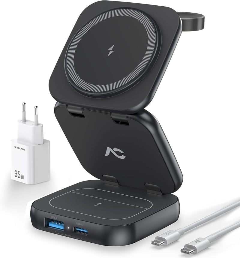 AC ISLAND 5 az 1-ben Összecsukható Vezeték Nélküli Töltőállomás iPhone 15/14/13/12, Apple Watch és AirPods Pro/3/2 Készülékekhez, MagSafe Ko