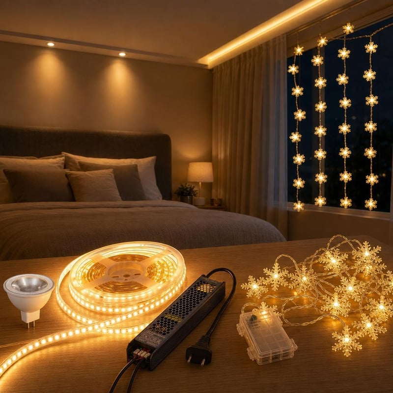 Ugođaj u spavaćoj sobi: 10 m LED traka + svjetlosni niz pahuljice + 5x MR16 žarulja