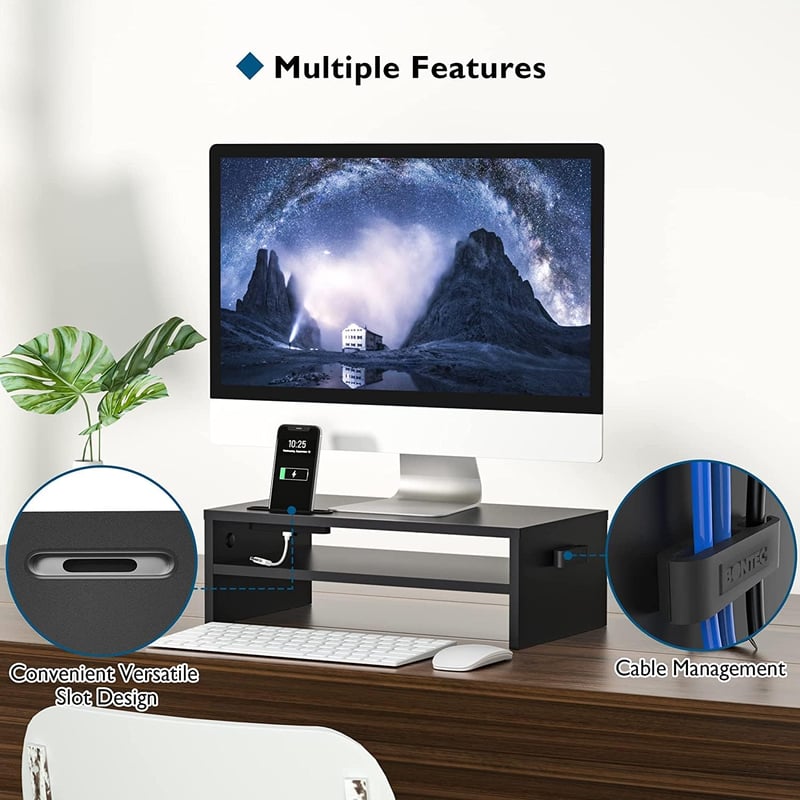 BONTEC Fa Monitorállvány 2 Szintes Kábelrendezővel, Fekete - PC, iMac Kompatibilis
