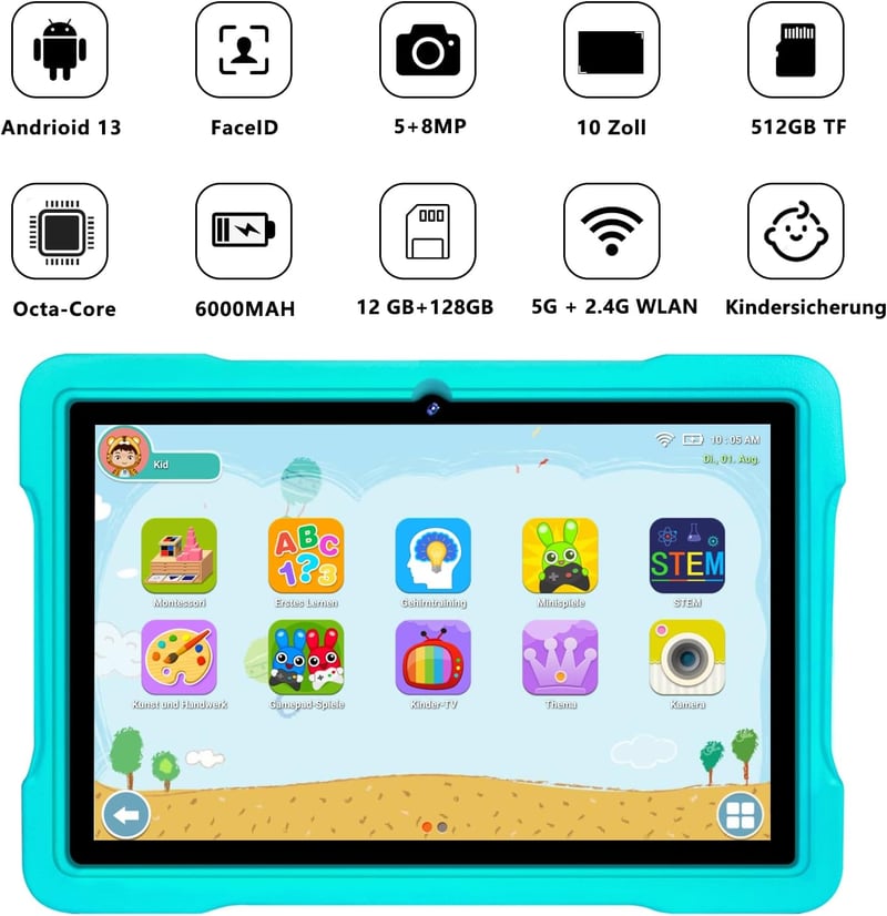 AOCWEI X700 10" Gyerektablet Android 13 Rendszerrel, 12GB RAM, 128GB Tárhely, 512GB Bővíthető, 5G WiFi, Octa-Core, 6000mAh, Gyerekzár, Zöld 