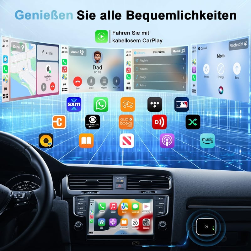 AIZEO Vezeték Nélküli CarPlay Adapter - Gyors Átalakítás Vezetékes CarPlayről Vezeték Nélkülire, Mini Méretű, iPhone Kompatibilis