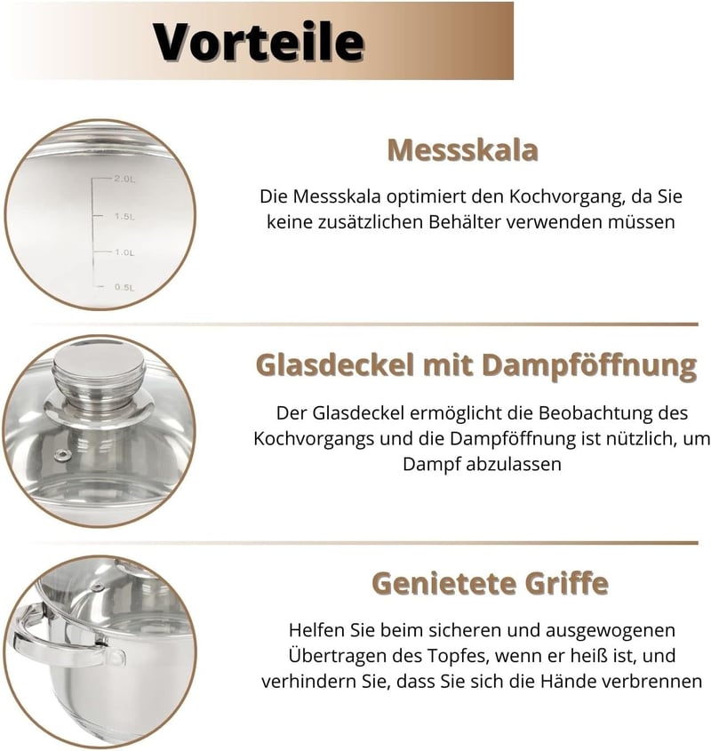 Daniks Rozsdamentes Acél Edénykészlet 3 Méretben, Indukciós Főzőlappal Kompatibilis, Üvegfedővel, 1.9L/2.9L/4.75L, Tésztafőző