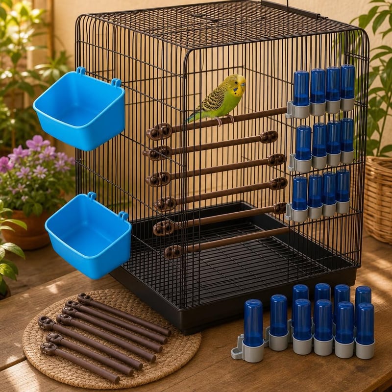 Set confort papagali: 10x stinghii + 2x cădițe baie + dozatoare hrană/apă