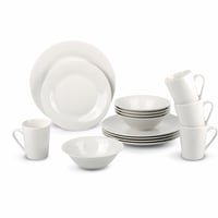 Set de veselă Alpina pentru 4 persoane - Set farfurii și boluri din gresie - Alb - Compatibil cu microunde — lipsesc 2 farfurii de desert (stare: vezi a 2-a imagine) 1